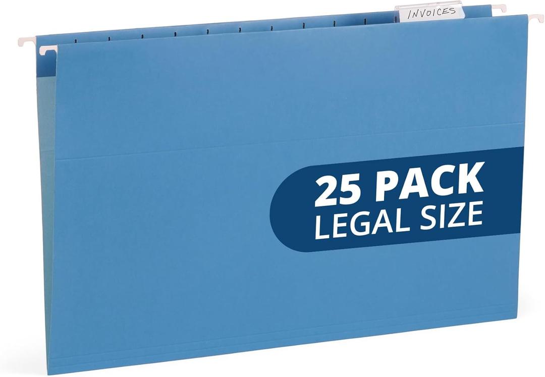 25 Blue Summit Supplies Legal Size Hanging File Folders - Durable 11pt Paper, Blue Hanging Folders with Tabs and Inserts, Fits Legal Size Filing Cabinets, 25 Pack