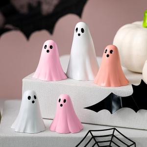 Amyhill 5 Pcs Halloween Ghost Figurine Resin Ghost Sculpture Statue Cute Halloween Decorations Spooky Tiered Tray Decor for Indoor Home Table Centerpieces Party Kitchen Tabletop Shelf (Cute,Pink)