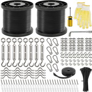 400 Ft String Light Hanging Kit Outdoor, Nylon Coated Stainless Steel 304 Wire Rope, String Light Kit Included Enough Accessories, Guide Wire for Outdoor String Lights, Patio Lights, Camping Lights