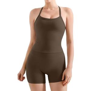 SUUKSESS Women 2 Piece Workout Sets High Waisted Tummy Control Biker Shorts Halter Padded Tank Tops L