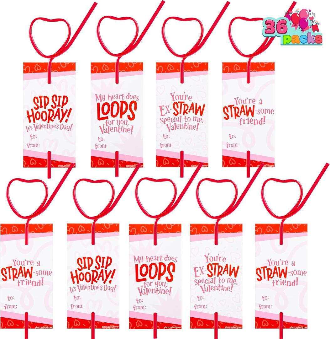 JOYIN 36 Pack Gift Cards with Crazy Straws, Heart Shaped Loop Reusable Drinking Straws and Greeting Cards, Party favors for Kids Toddlers School Classroom Exchange Prizes