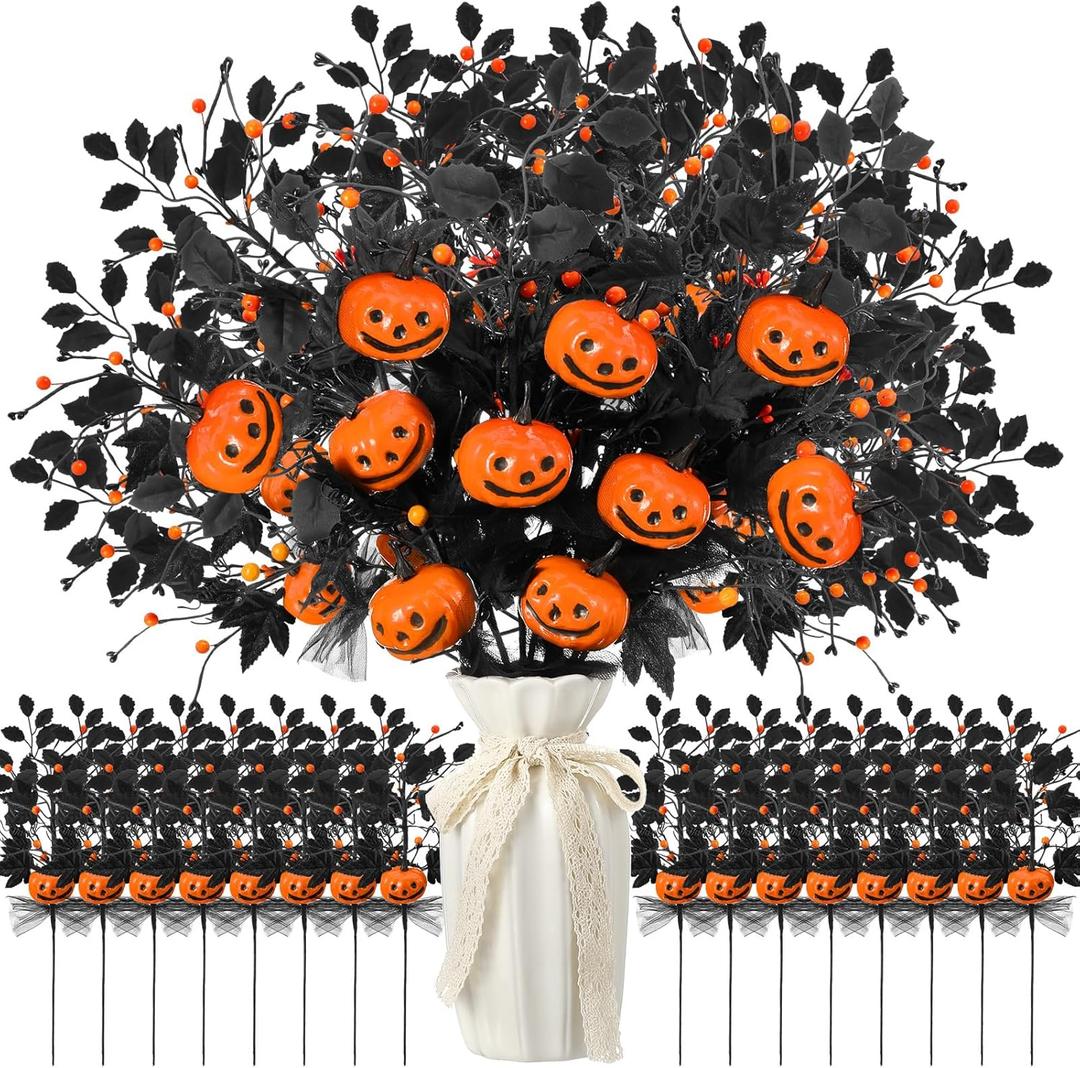 Giegxin 12 Pack 19.7 Inch Artificial Halloween Flower Decorations Halloween Pumpkin Berries Picks Pumpkin Stems with Black Maple Leaf Branches Vase Bouquet Flower Centerpieces for Table Home Decor