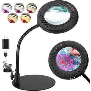 10X Magnifying Glass with Light and Stand, Flexible Gooseneck Magnifying Desk Lamp, 5 Color Modes Stepless Dimmable, Hands Free LED Lighted Magnifier for Painting Crafts Hobby Sewing Close Work