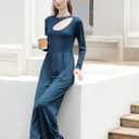 RONGTAI One Piece Jumpsuit for Women Long Sleeve Cutout Neck High Waist Dressy Casual Stright Leg Romper (Blue, L)