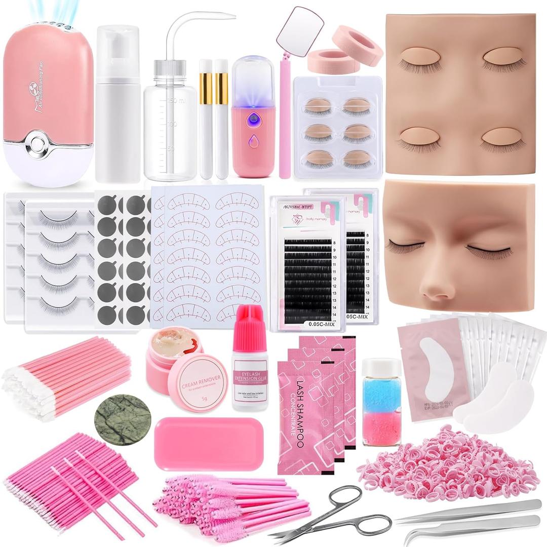 Pretty memory Eyelash Extension Kit for Beginners, 343 Pcs Lash Extension Kit with Everything Includes 2 Mannequin Heads Facial Mister Tweezers Glue USB Fan for Practice Training (Pink)