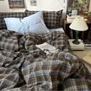 Gingham Duvet Cover Set Queen Size Brown Blue Bedding Set for Girls Boys,Vintage Buffalo Plaid Duvet Comforter Cover with Grid Pattern with Zipper Closure and 2 Pillowcases