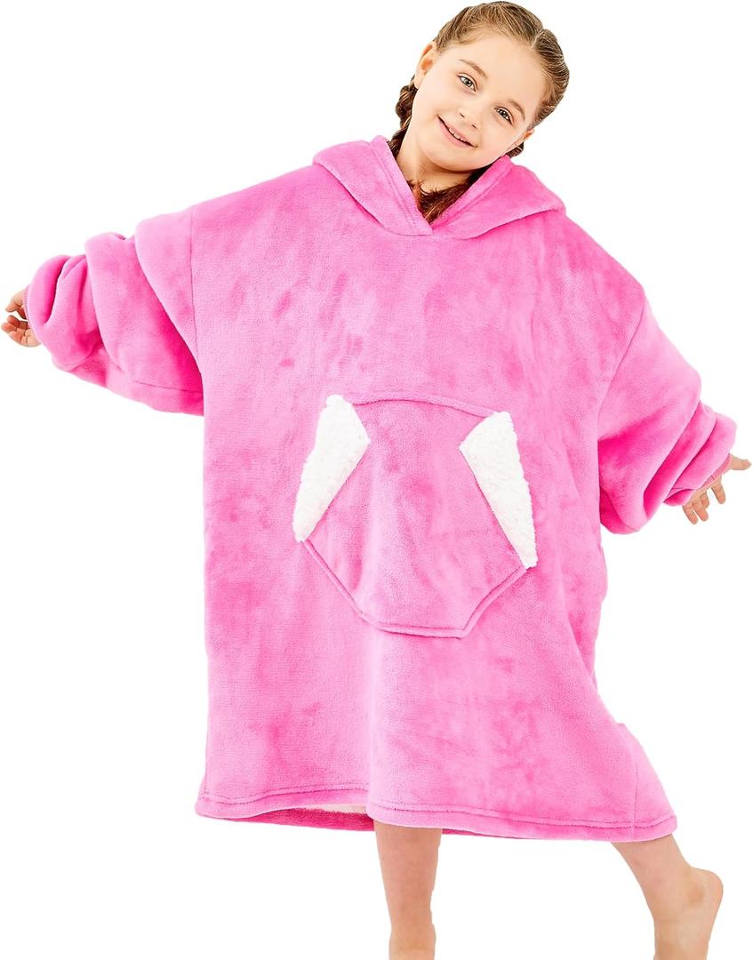 Ramees Wearable Blanket Hoodie for Kids, Sherpa Oversized Sweatshirt Blanket Flannel with Hood Pocket and Sleeves (Pink)