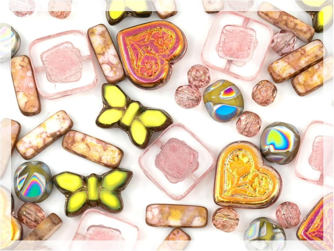 2.1 Oz (60G) Of Focal Glass Bead Mix With Table-Cut Flower And Butterfly Beads, PG Pale Green Pink