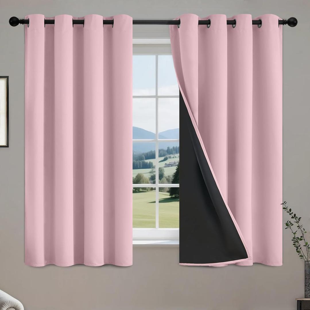 COSVIYA 100% Pink Blackout Curtains for Bedroom Kids Room 54 Inches Length 2 Panels Set, Full Light Blocking Thermal Insulated Grommet Nursery Window Treatment Drapes with Black Liner,W52 x L54