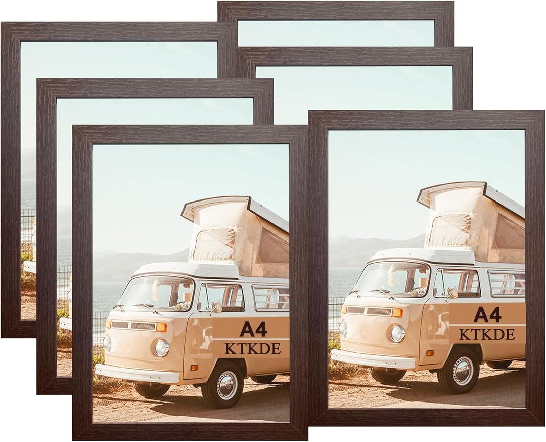 KTKDE A4 Picture Frame Set of 6, Document 8.3x11.7 Certificate Frame Walnut with Plexiglass Gallery Wall Frame, Wall Gallery Poster Frames best gift