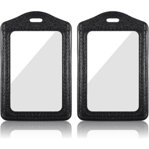 Genuine Leather ID Badge Holders, 2Pcs Leather Badge Holder with Double Side Clear Window, Vertical ID Card Holders, Waterproof Name Badge Holder for Students, Staff, Office, Employees, Black