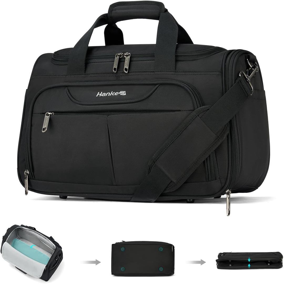 Hanke Foldable Underseat Carry On luggage Bag, Travel Tote Bag for Women & Men, Personal Item Travel Bag Softside Lightweight Luggage Bags for Travel Flight Crew Overnight Weekender Bag.Black