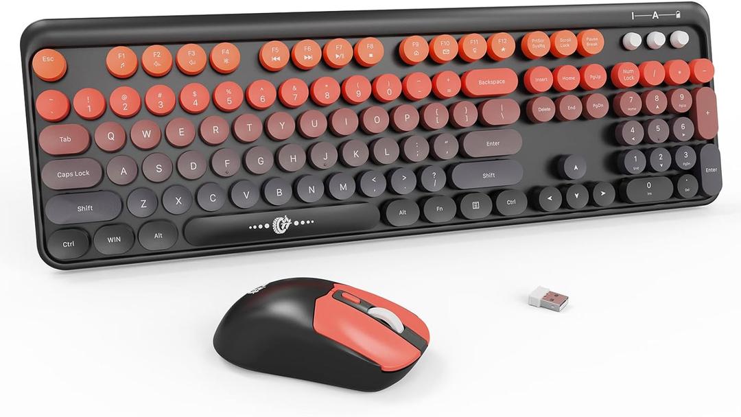 Wireless Keyboard and Mouse Combo, 104 Round Keys Cute Colorful Keyboard and Mouse with Retro Typewriter for PC/Mac/Laptop/Tablet/Computer/Windows Black Red