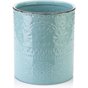 DOWAN 7.2" Kitchen Utensil Holder, Extra Large Farmhouse Utensil Holders for Countertop, Ceramic Utensil Crock, Anti Slip Cork Bottom (Blue)