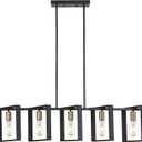 9MMML 41.5" Mid Century Dining Room Chandelier, Black and Gold Wood Pendant Light, Height Adjustable 5 Lights Fixtures for Kitchen Island Hallway Pool Table