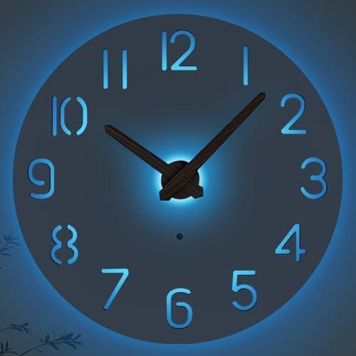 JoFomp LED Wooden Wall Clocks Battery Operated, 8 Inch Silent Wall Clock Glow in Dark, Sound Control Night Light Wall Clocks for Living Room Decor, Light Up Wall Clock for Bedroom, Hollow Design