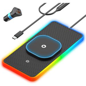 RGB Wireless Car Charging Pad for Magsafe, REESTECQI 15W LED Magnetic Wireless Charger for Car Non Slip Type C Charging Mat with 40W Car Charger Compatible with iPhone 17-12, Airpods (30CM Cable)