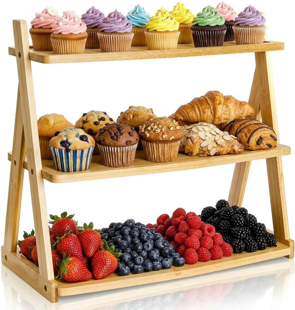 3 Tier Bamboo Serving Tray, Rectangle Serving Platters Tiered Tray Stand, Fruit Cupcake Display Stand Farmhouse Decorative Trays for Appetizers, Snacks, Dessert, Party, Birthday, Wedding