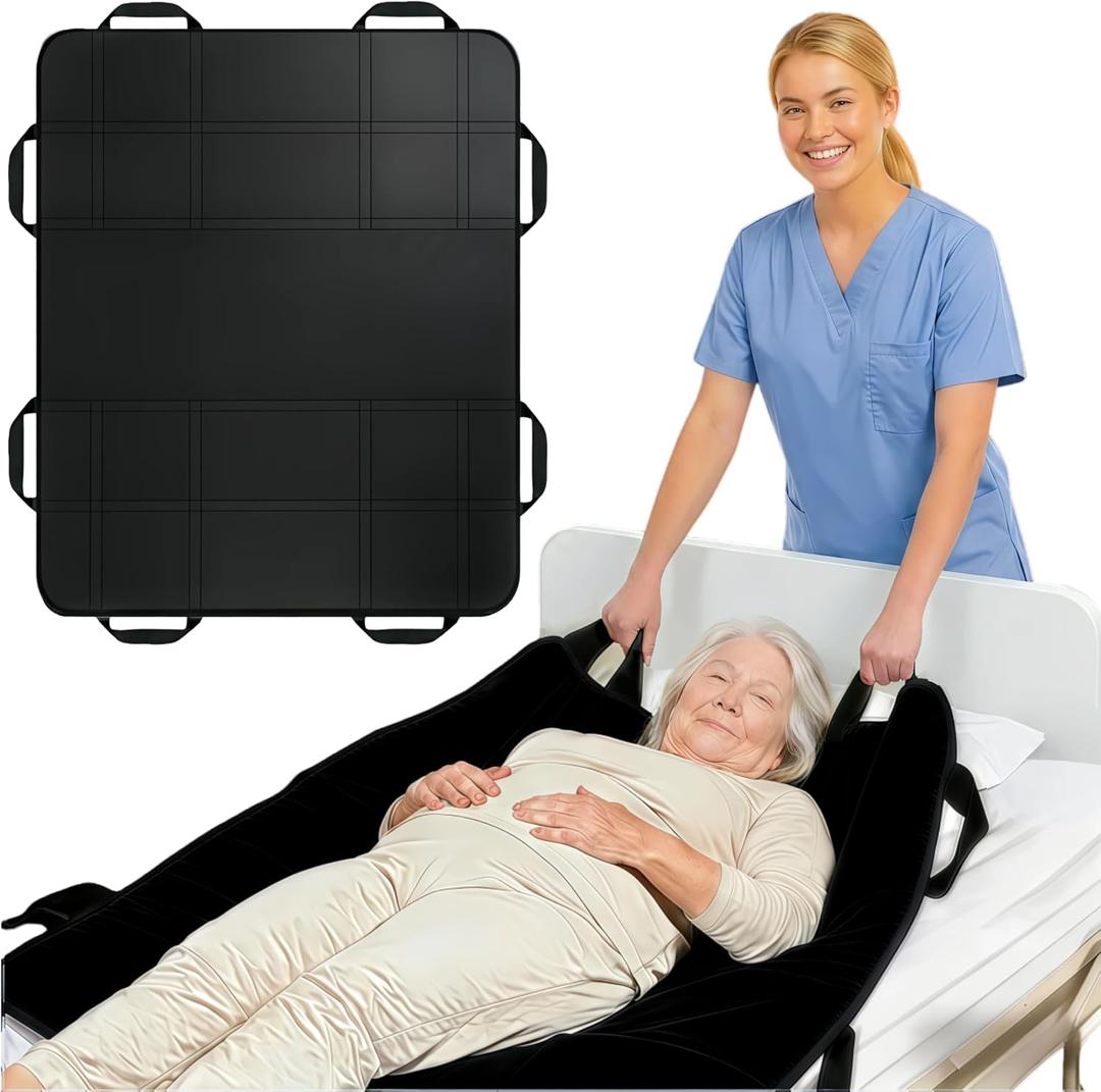 Upgraded 3-Layer Positioning Bed Pad with Handles, Transfer & Slide Sheet for Elderly Care, Waterproof Washable Draw Sheet for Turning, Lifting & Repositioning (48" x 40", Black)