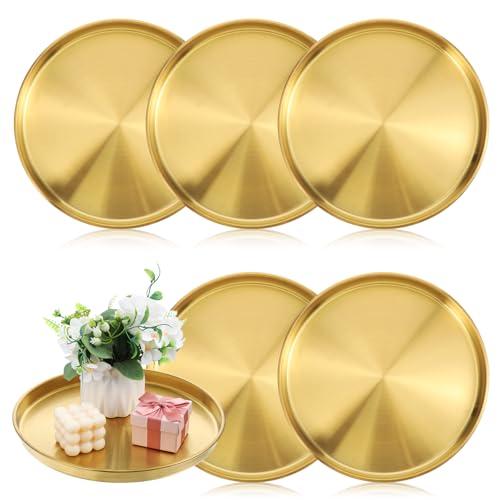 5 Pcs Gold Round Tray, 12 Inch Stainless Steel Decorative Serving Tray Plate for Jewelry Makeup Organizer Vanity Bathroom