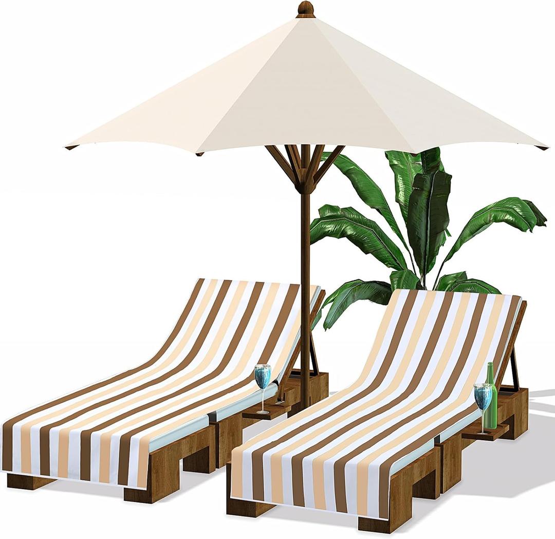 Fumete 2 Pack Summer Lounge Chair Cover 30 x 85 Inch Pool Chaise Lounge Towel Microfiber Spa Beach Chair Towel Portable Striped Outdoor Patio Furniture Cover for Sunbathing Picnic(Beige and Camel)