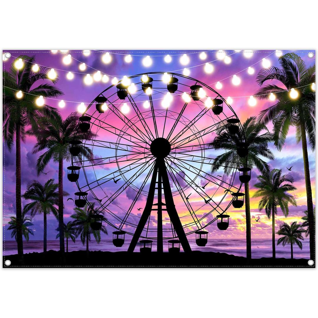 Monalivest 10x8ft Summer Seaside Ferris Wheel Backdrop Sunset Tropical Palm Tree Sparkling Lights Photography Background Festival Party Decorations Photo Props