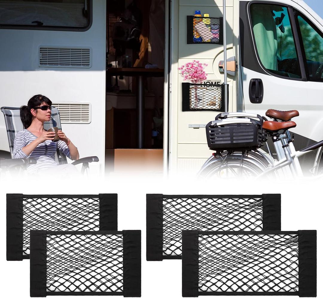 PIFOOG 4Pcs Universal Car Storage Net Pockets Stretchable Automotive Mesh Pouch Nets Bag Organizer Stickers Netting for Auto SUV Trunk Back Seat RV Camper (15.7" x 9.8" and 19.7" x 9.8")