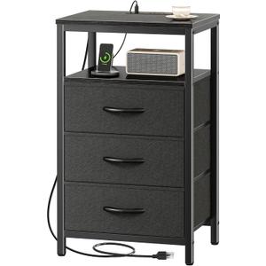 Huuger Nightstand with Charging Station, 27.6 Inch Side Table with Fabric Drawers, End Table Bedside Table with USB Ports and Outlets, Night Stand for Bedroom, Black