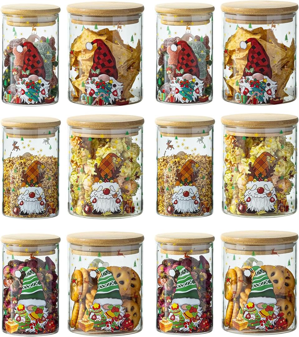 wangsdjy Christmas Glass Jars with Bamboo Lids - Glass Pantry Storage Containers with Lids for Winter Xmas, Christmas Kitchen Decor, Cookie jar & Candy Jars-set of 12 (6 Large & 6 Small)