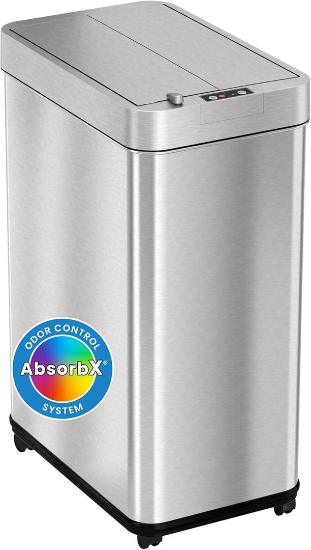 iTouchless 13 Gallon Wings-Open Mobile Wheeled Kitchen Trash Can with Lid and Odor Filter, Dog Proof Stainless Steel Garbage Bin for Home Office Work Bedroom Living Room Garage Slim Wastebasket