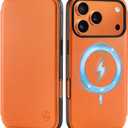 SHIELDON Slim Wallet Case for iPhone 17 Pro 6.3" 2025 | Genuine Leather, Wireless Charging, Folio Magnetic Closure, RFID Blocking Credit Card Holder, Shockproof Phone Cover - Orange