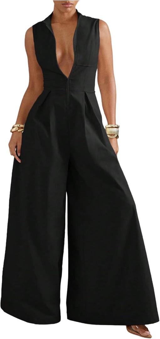 Verdusa Women's Zip Up Wide Leg Jumpsuits Sleeveless One Piece Jumpsuit Formal Dressy Casual Spring Outfits (Black, M)