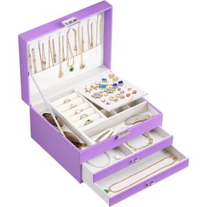 DreamGenius Jewelry Box for Women with Elegant Embroidered Design, 3-Layer Jewelry Organizers and Storage with 2 Drawers for Necklaces and Earrings Holder Organizer, Purple (Large)