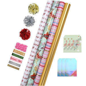 LaRibbons Christmas Wrapping Paper Sets, Classic Reindeer Stripes & Happy Holiday Design with Ribbons & Gift Tags & Metallic Pom Pom for Christmas, Holiday，30Inch × 10Feet（ 4 Rolls: 100 Sq.Ft.Ttl）