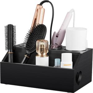 Bivvclaz Hair Tool Organizer, Wooden Hair Dryer Holder Wall Mount, Countertop Hot Tools Organizer for Hair Styling Accessories, Bathroom Supplies Vanity Caddy for Curling Wand, Blow Dryer, Black