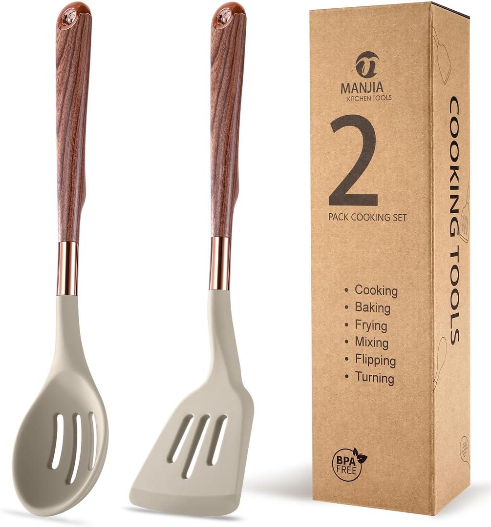 MANJIA Silicone Spatulas Set, Nonstick Silicone Spoon & Turner Spatula Set, Serving Spoon kitchen Spatula for Cooking Fish, Eggs,Flipper, Cooking Utensils Set 2pcs (khaki-slotted spoon & spatula)