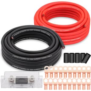 4 Gauge Wire Copper Clad Aluminum CCA 50FT Black/Red with 4ga lugs,100A ANL Fuse Holder and Heat Shrink Tube - Battery Power/Ground Cable,Car Audio Speaker,RV Trailer Amp Wiring kit