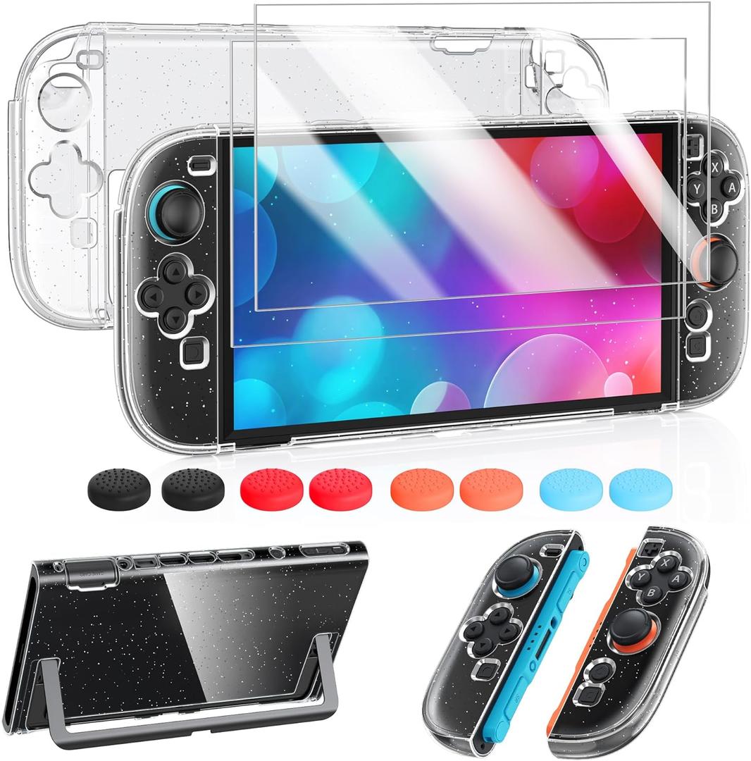 FYOUNG Protective Case for Nintendo Switch 2 2025, Slim Hard Shell for Switch 2 Accessories, Scratch&Shock Protection Cover with Screen Protector, 8 Thumb Grip(Transparent Glitter, Switch 2 7.9inch)