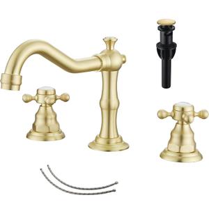 GGStudy Brushed Gold Bathroom Faucet 2 Handles 3 Holes Widespread Bathroom Sink Facuet Washingroom Faucet Mixer Tap wiith Pop Up Drain