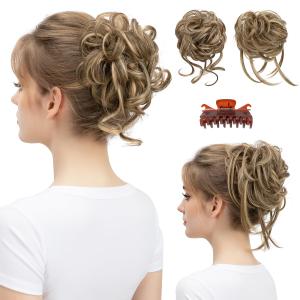 SARLA 2PCS Messy Bun Hair Pieces for Women Detachable Claw Clip Wavy Curly Synthetic Hairpieces for Updos with Tendrils Fake Scrunchies Ponytail Extension Bernstein