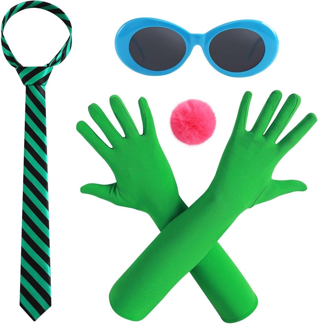 4PC Green Costume Accessories for Adult Stripe Tie Gloves Sunglasses and Pom Pom Ball Brooch Cosplay Party Dress up