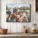 Funny Farm Animals Canvas Wall Art Rustic Farmhouse Poster Print Picture Cute Cow Sheep Pig Chicken Barn Country Sign Painting Artwork Wall Decor for Dining Room Bedroom Kitchen 16x24in Framed
