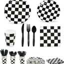 Checkered Party Supplies Set Servers 24 - Checkered Flag Plates, Cups, Napkins, Cutlery - For Race Car Birthday Party Supplies Table Ware Decorations by 4E's Novelty