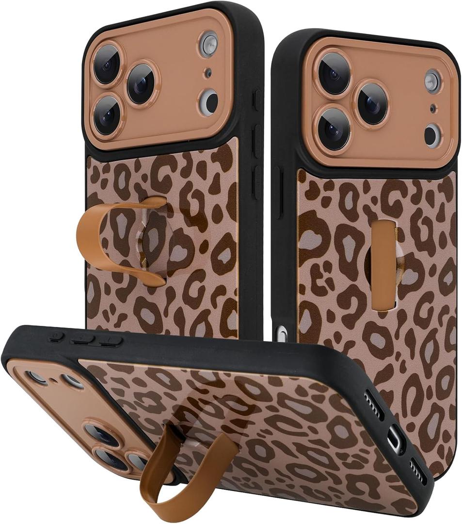 KANGHAR Compatible with iPhone 17 Pro Case Brown Leopard Print Pattern Cute Cheetah Wristband Stand Phone Cover for Women Girls Men Shockproof Slim Protective Cover 17 Pro 6.1 Inch