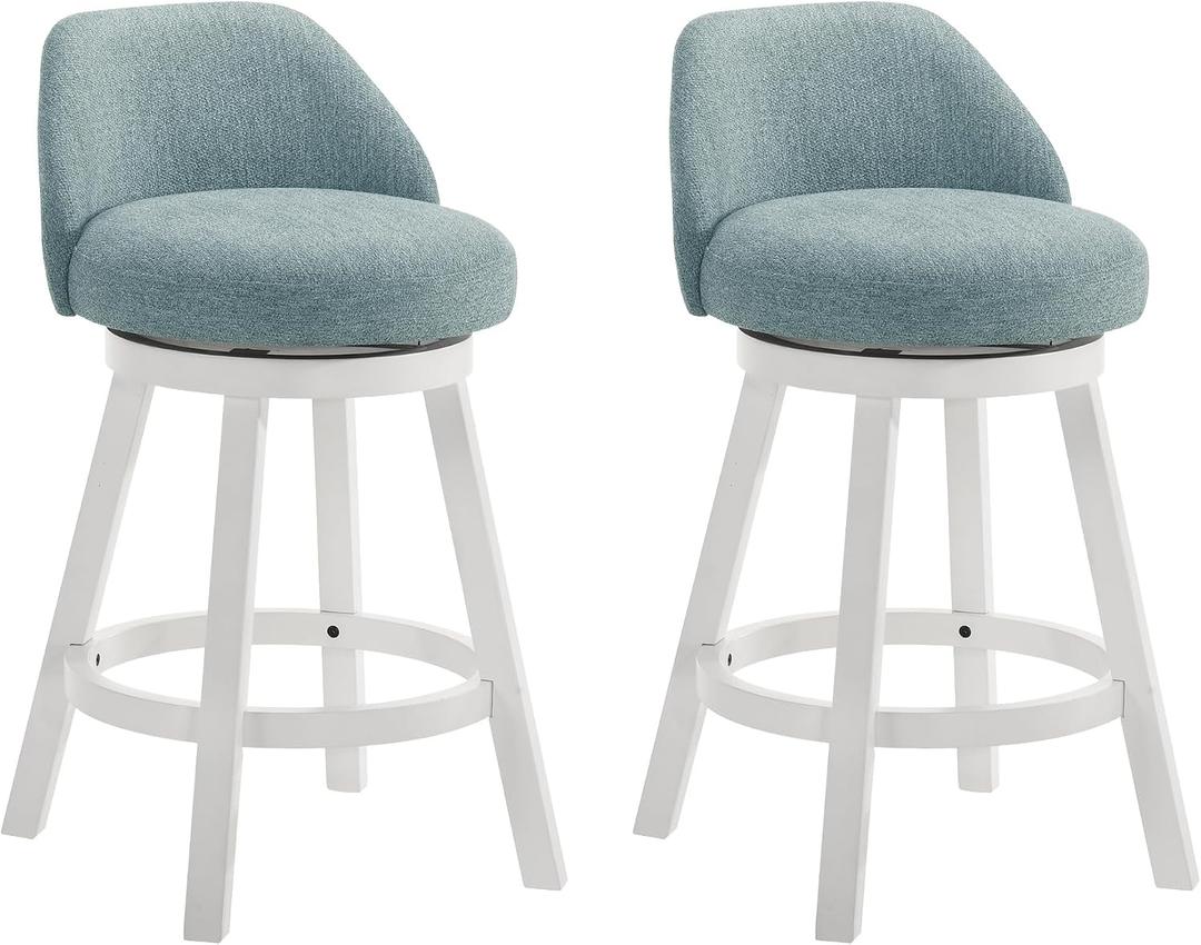 Armen Living Erika Modern Transitional Swivel Wood Counter Height Kitchen Bar Stool in White Finish with Light Blue Fabric Upholstered Seat - Set of 2, 26" Counter Height