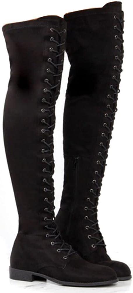 YING LAN Women's Over The Knee Low Heel Lace Up Tall Boots (5.5, Black)