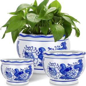 Briwooody Set of 3 Blue and White Porcelain Flower Pots 7.2'' 6'' 4'' Decorative Chinoiserie Plant Pots with Drainage Hole Saucers Ceramic Planters for Indoor Garden(Elegant Style)