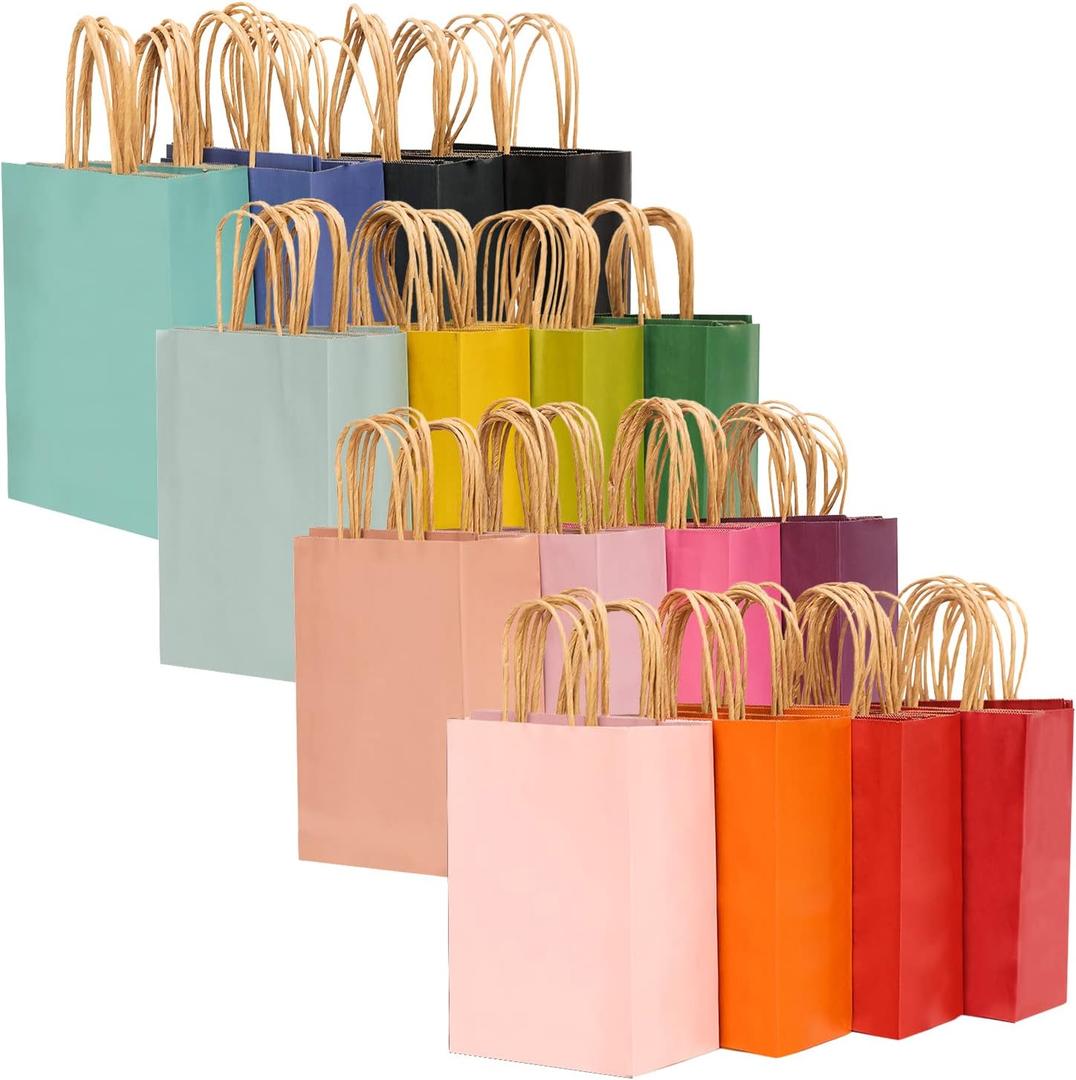 qiqee 32-Packs Paper Bags with Handles Bulk 7.6"x4.75"x10.5" Medium Gift Bags 16 Different Senior Color Bags Multiple UsesMedium Size