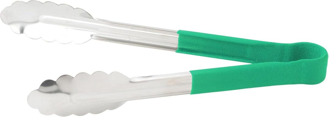 Winco 9" Stainless Steel Serving Tongs with Non-Slip Handle, Green