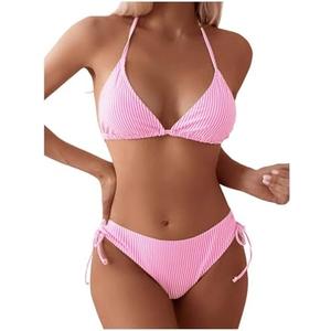 MakeMeChic Women's Halter Bikini Sets 2 Piece Striped High Cut Tie Side Swimsuit Bathing Suit S MakeMeChic Women's Halter Bikini Sets 2 Piece Striped High Cut Tie Side Swimsuit Bathing Suit S